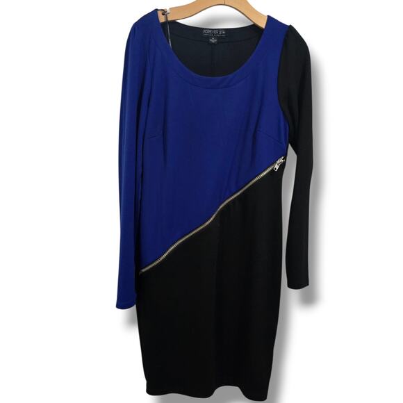 Forever 21+ Blue & Black Colorblock Dress Women’s XL | Long Sleeve Zip accent - Picture 2 of 9